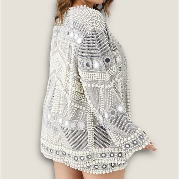 ASOS Edition Embellished Pearl & Bead Heavyweight Jacket Gray Size US 8 - Picture 3 of 16